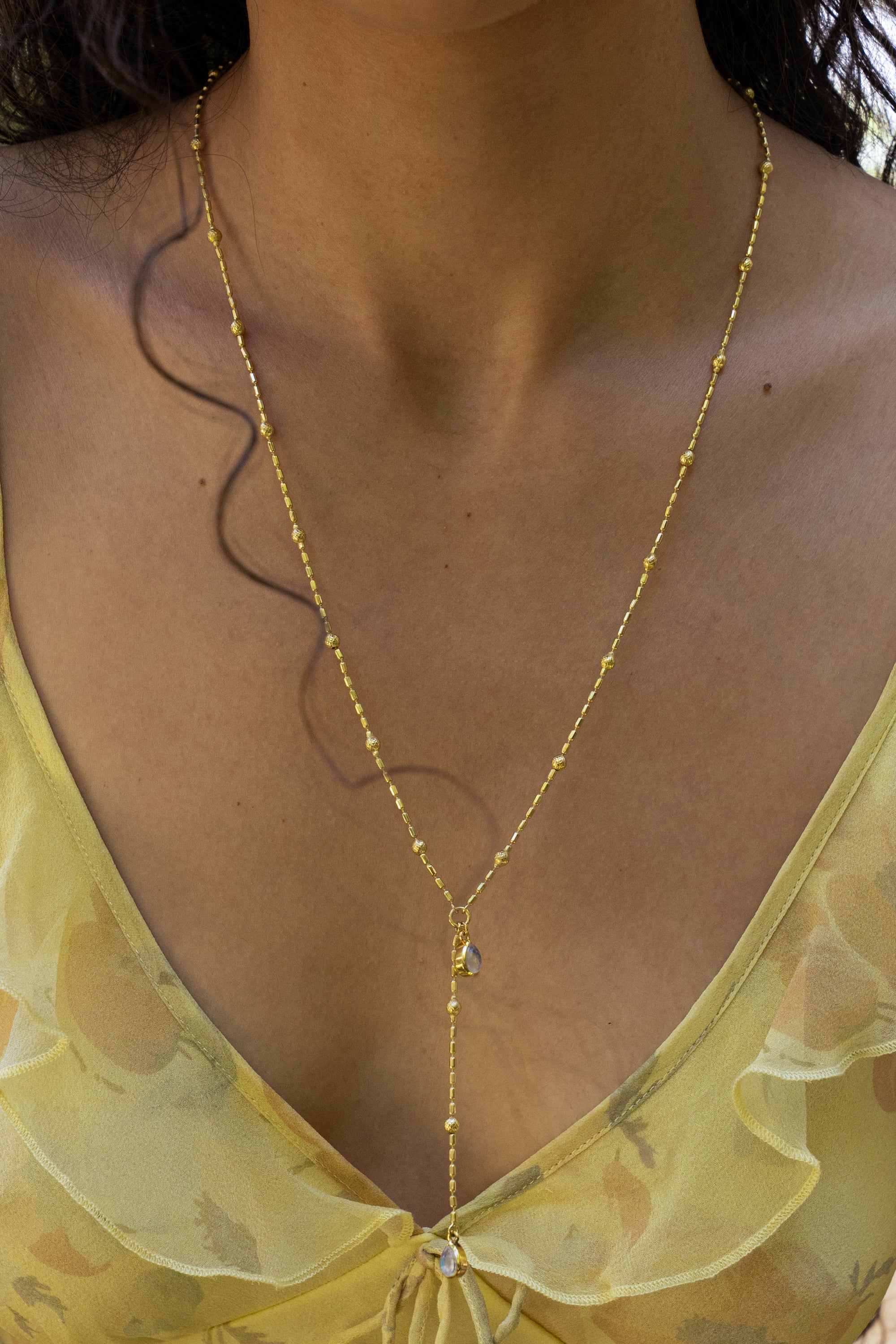 SKYE NECKLACE | GOLD worn on model — Mountain & Moon Chateau Soleil campaign