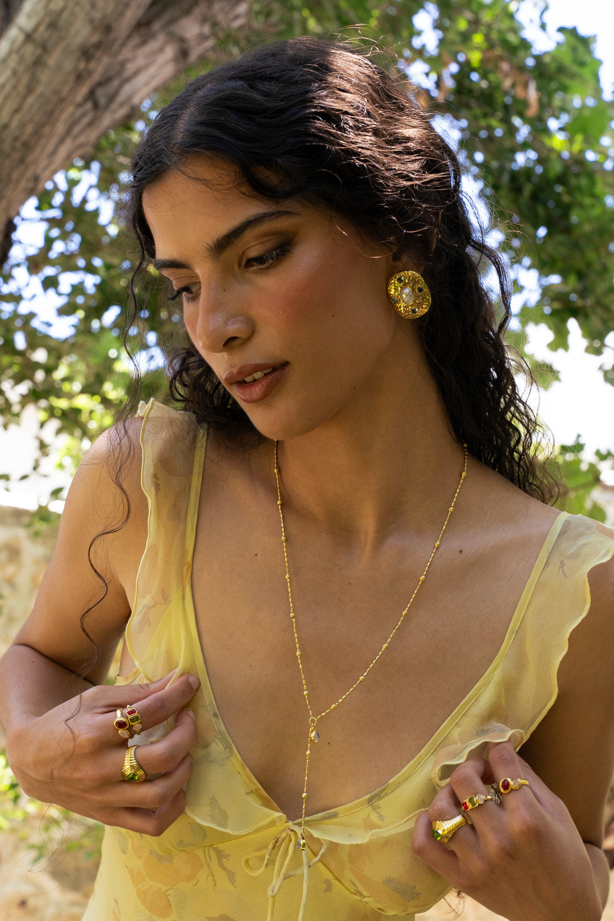 Handmade gold layering chain necklace with Rainbow Moonstone detail — Mountain & Moon Chateau Soleil jewellery