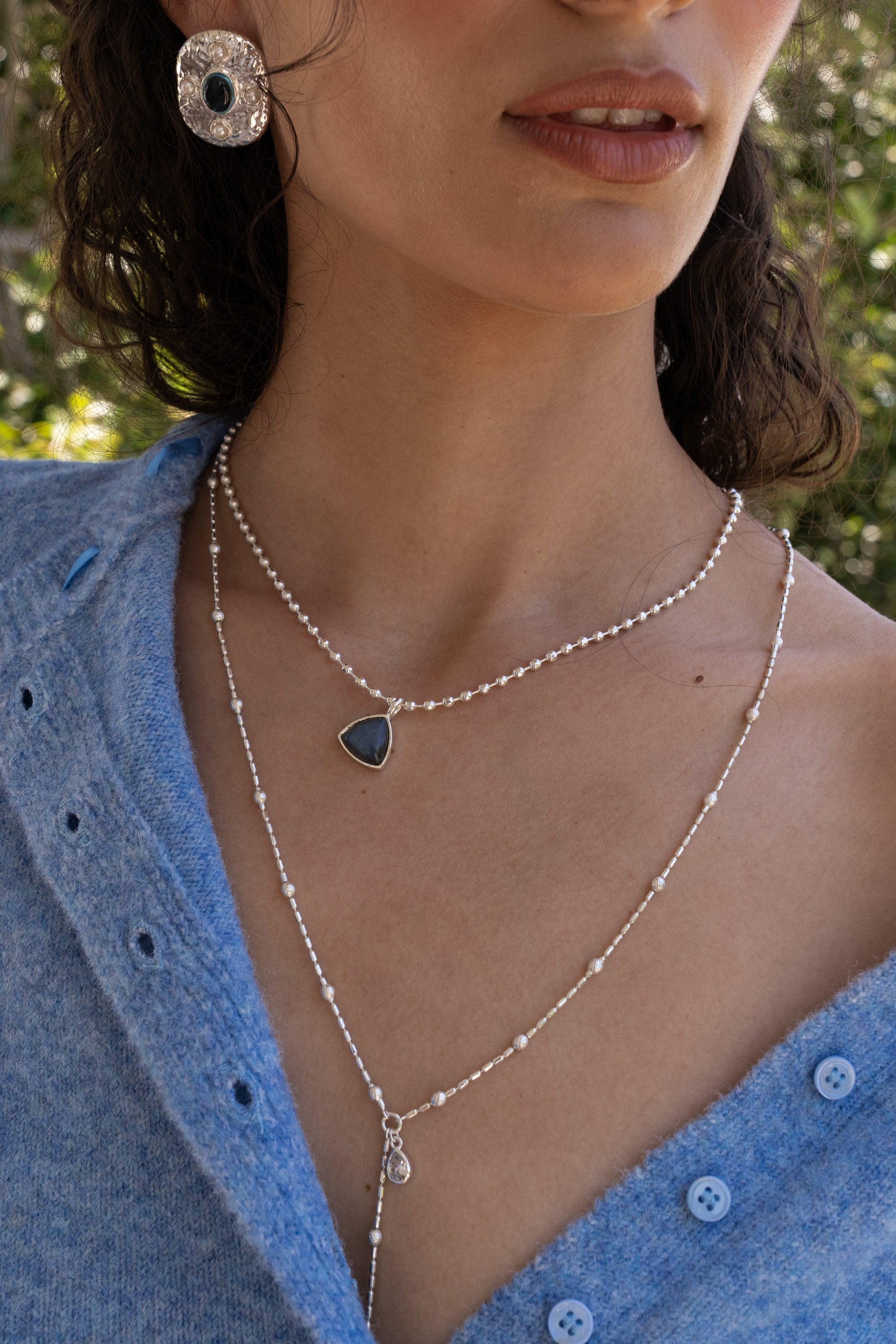 EMERY NECKLACE | SILVER worn on model — Mountain & Moon Chateau Soleil campaign