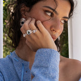 Silver cocktail ring featuring Rainbow Moonstone and Labradorite, the Iris style — Mountain & Moon Chateau Soleil