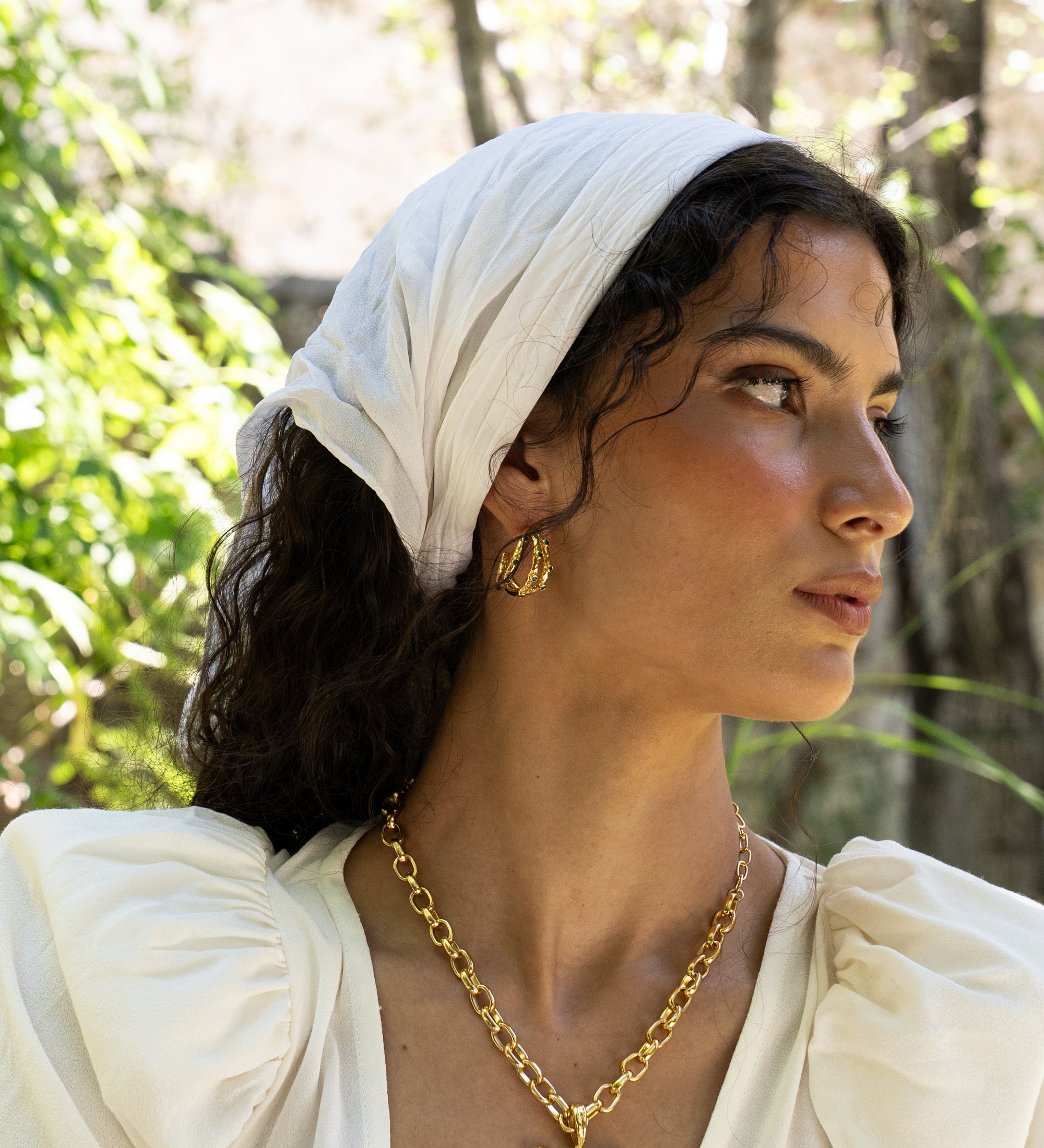 ALBA EARRINGS | GOLD worn on model — Mountain & Moon Chateau Soleil campaign