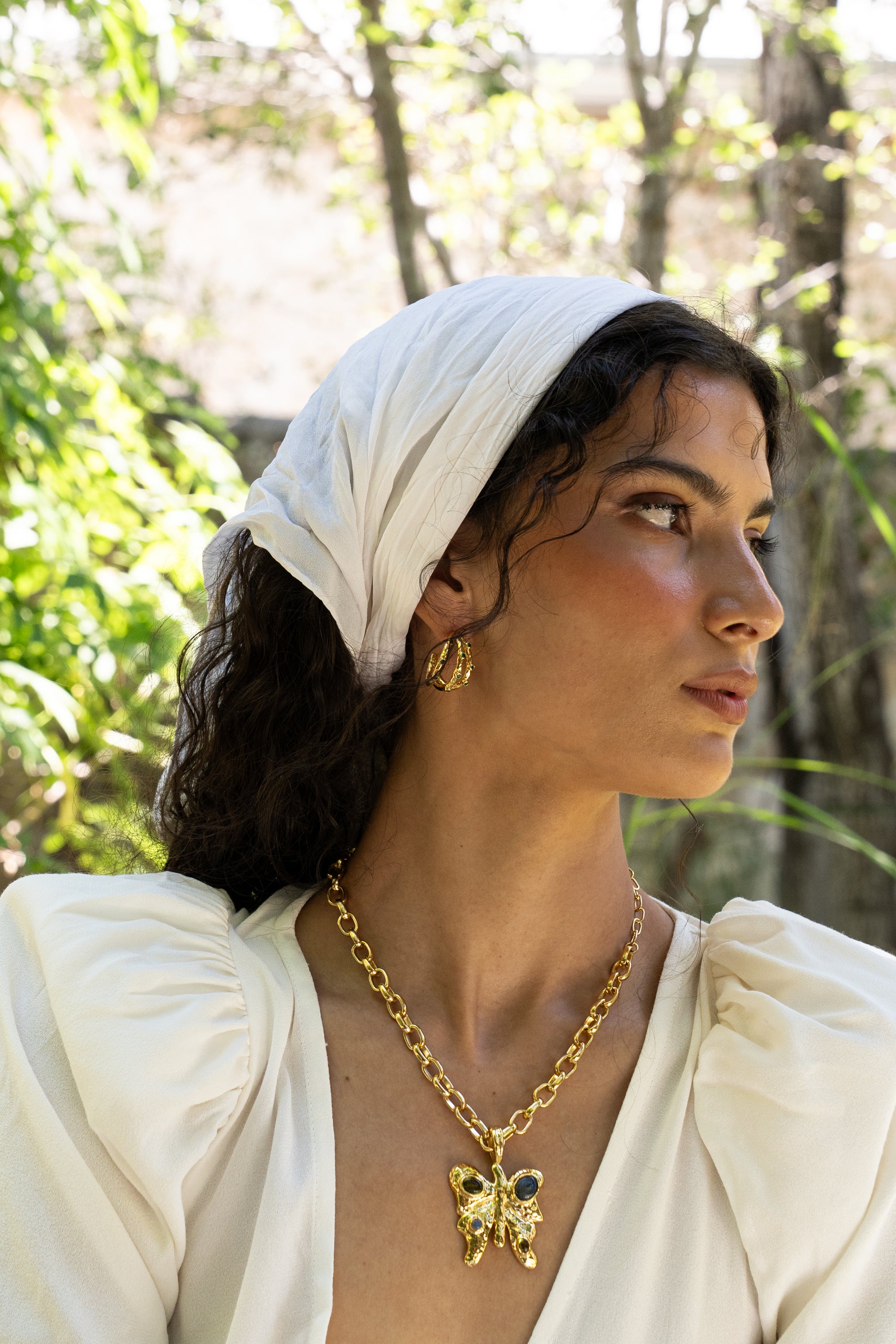 ALBA EARRINGS | GOLD worn on model — Mountain & Moon Chateau Soleil campaign