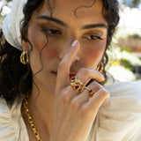 Iris gold cocktail ring with Ruby Quartz and Pink Chalcedony worn by model — Mountain & Moon Chateau Soleil collection