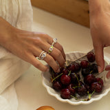 Silver stacking ring featuring Rainbow Moonstone and Glass Peridot, the Lumi style — Mountain & Moon Chateau Soleil