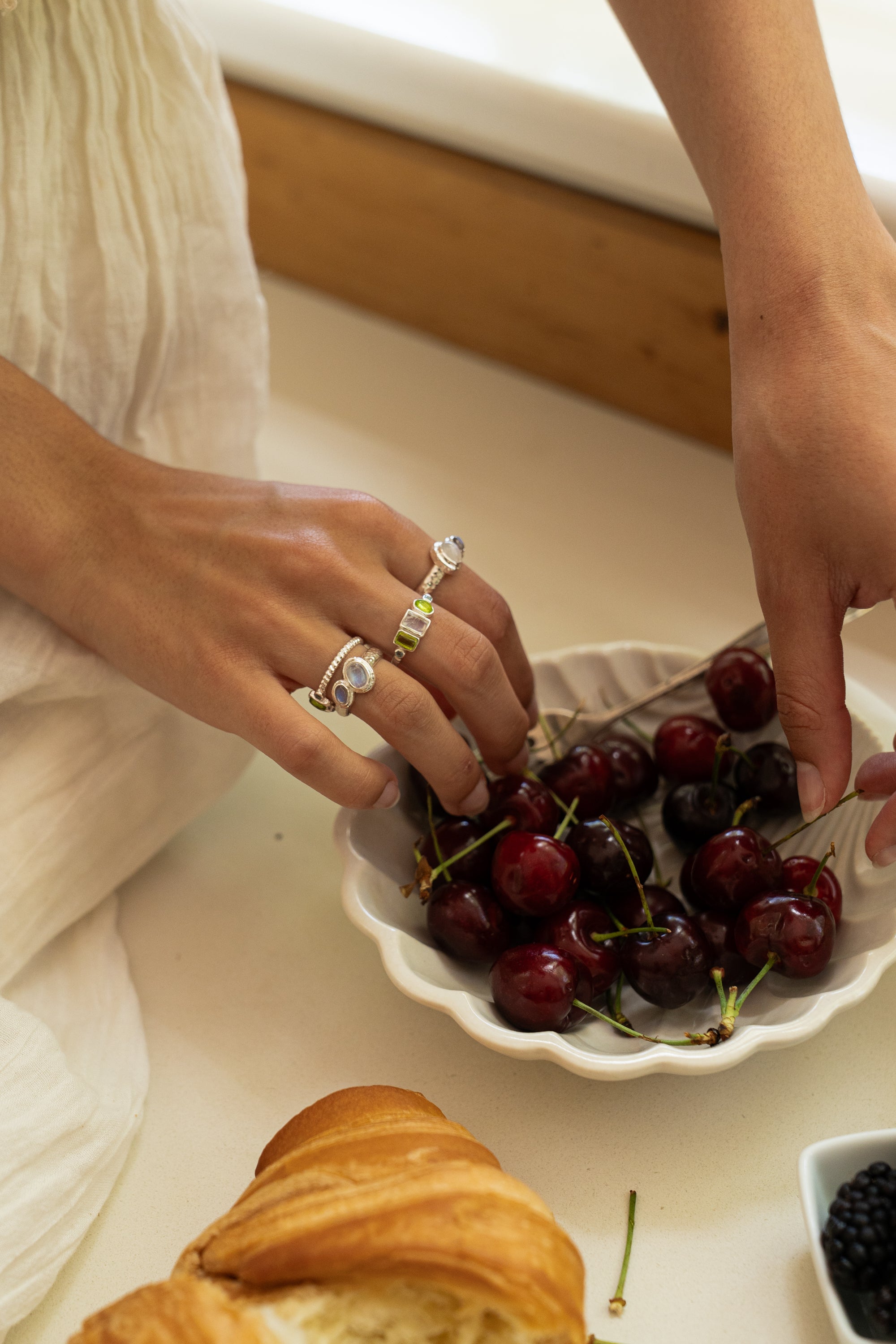 Silver stacking ring featuring Rainbow Moonstone and Glass Peridot, the Lumi style — Mountain & Moon Chateau Soleil
