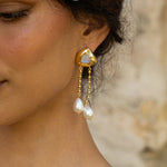 Handmade gold long dangle earrings with Rainbow Moonstone and Glass Pearl detail — Mountain & Moon Chateau Soleil jewellery