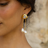Handmade gold long dangle earrings with Rainbow Moonstone and Glass Pearl detail — Mountain & Moon Chateau Soleil jewellery