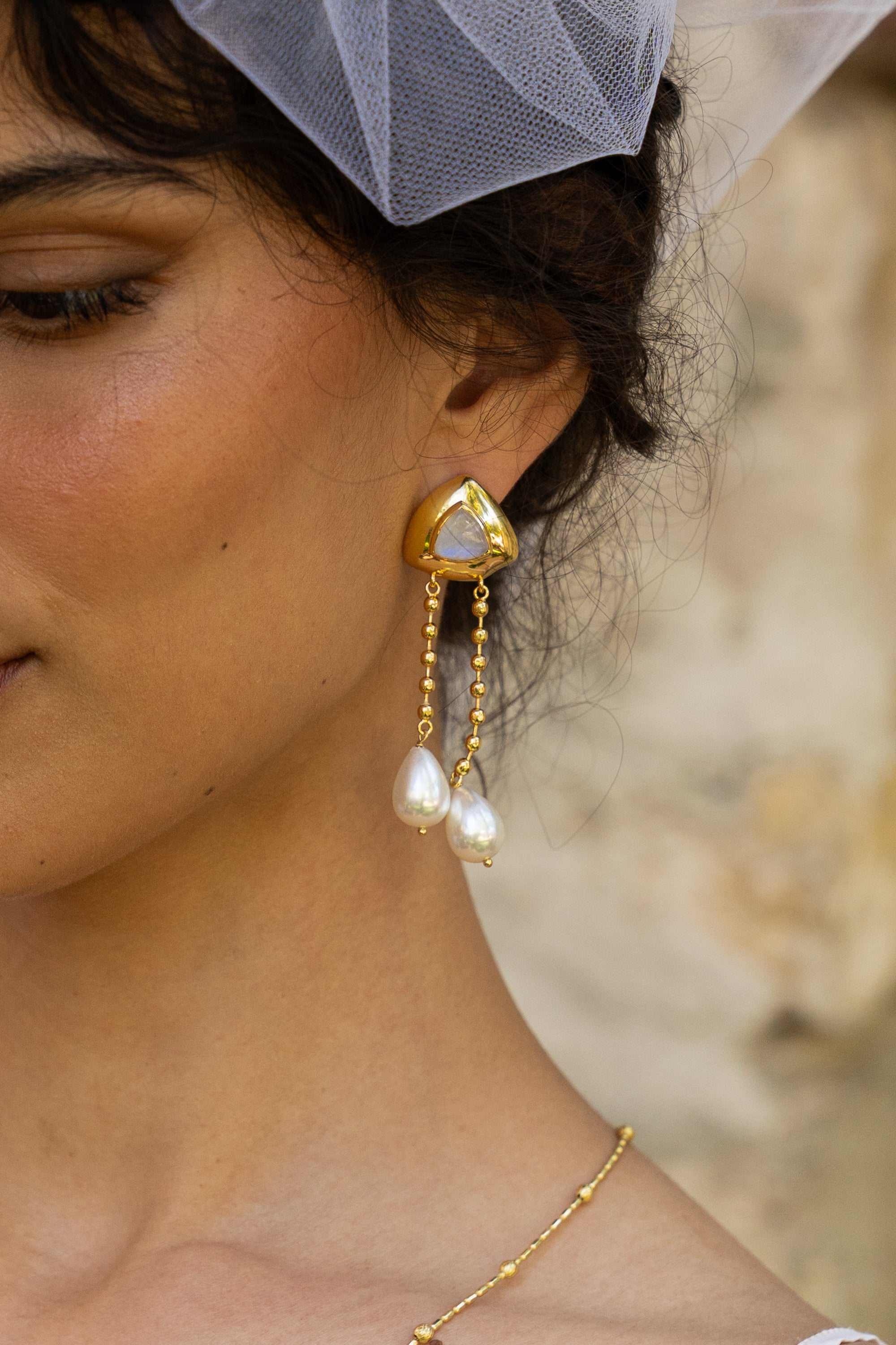 Handmade gold long dangle earrings with Rainbow Moonstone and Glass Pearl detail — Mountain & Moon Chateau Soleil jewellery