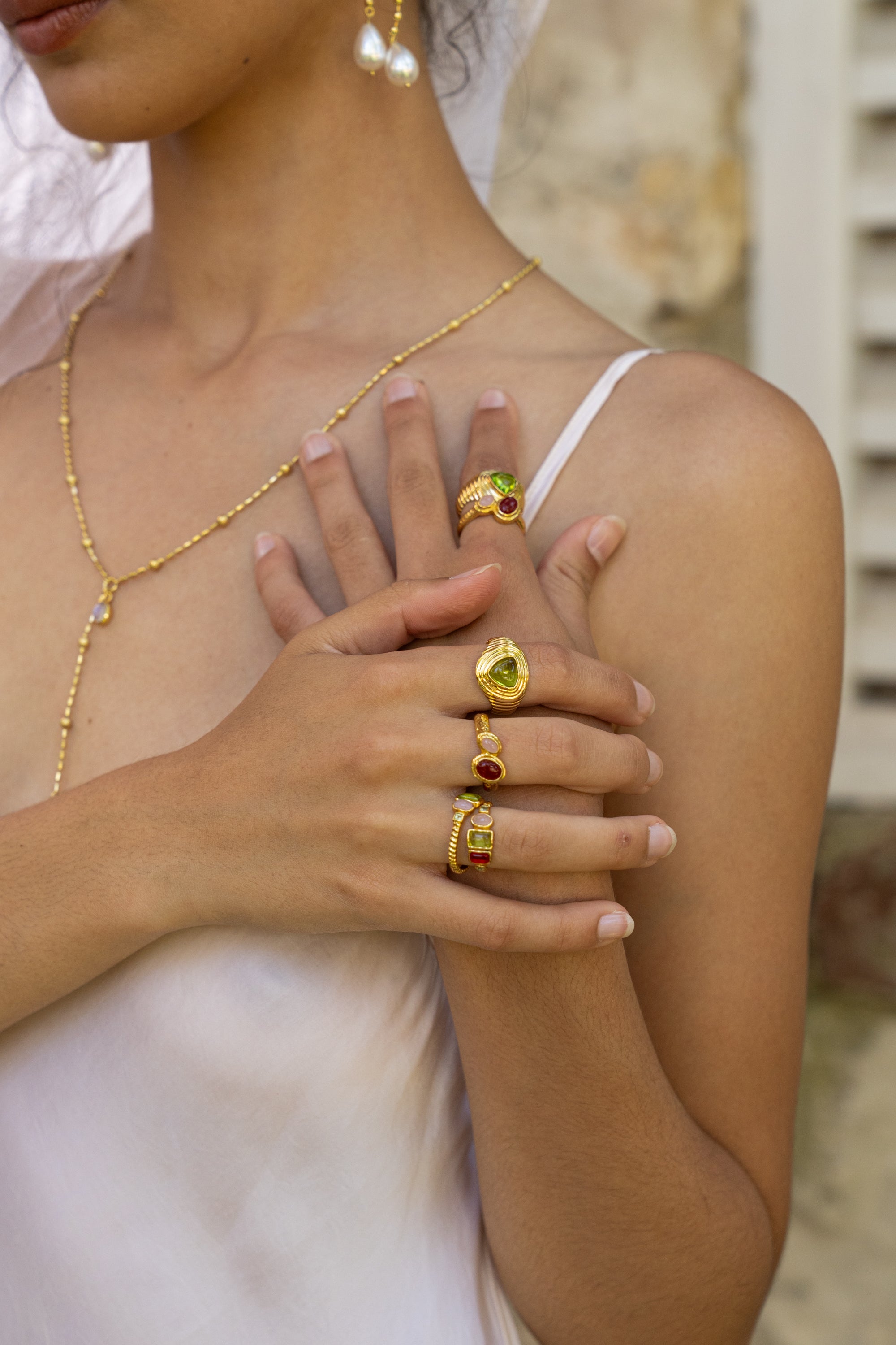 Handmade gold cabochon cocktail ring with Glass Peridot detail — Mountain & Moon Chateau Soleil jewellery