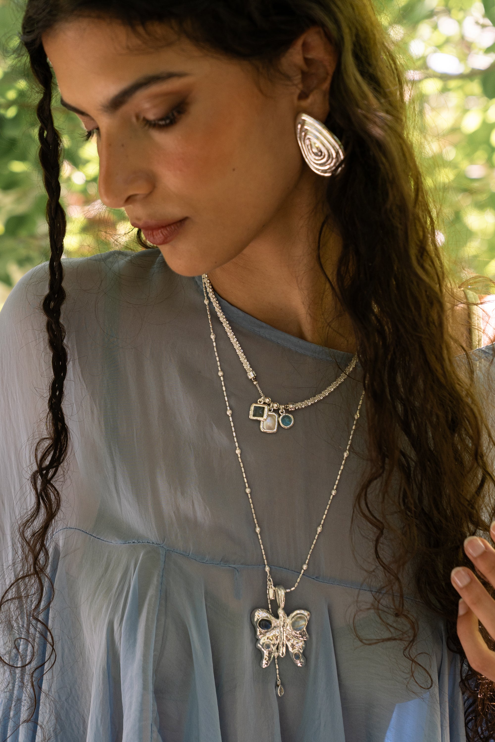 Silver sculptural teardrop stud earrings, the Salma style — Mountain & Moon Chateau Soleil
