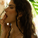 Handmade gold hammered huggie hoop earrings with Tigers Eye detail — Mountain & Moon Chateau Soleil jewellery