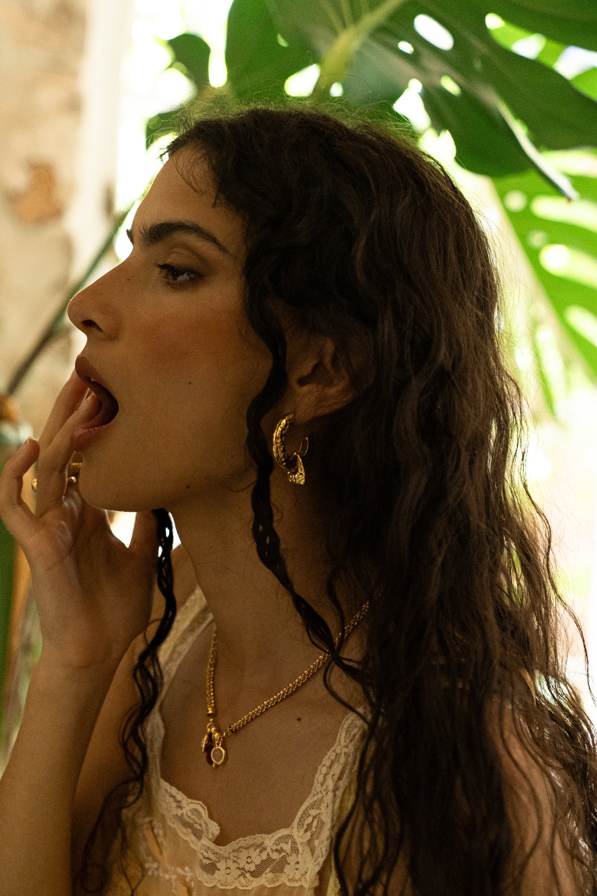 Handmade gold hammered huggie hoop earrings with Tigers Eye detail — Mountain & Moon Chateau Soleil jewellery
