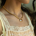 Gold charm necklace featuring Ruby Quartz, Mother of Pearl and Pink Chalcedony, the Aura style — Mountain & Moon Chateau Soleil