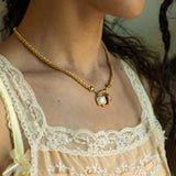 Gold charm necklace featuring Ruby Quartz, Mother of Pearl and Pink Chalcedony, the Aura style — Mountain & Moon Chateau Soleil
