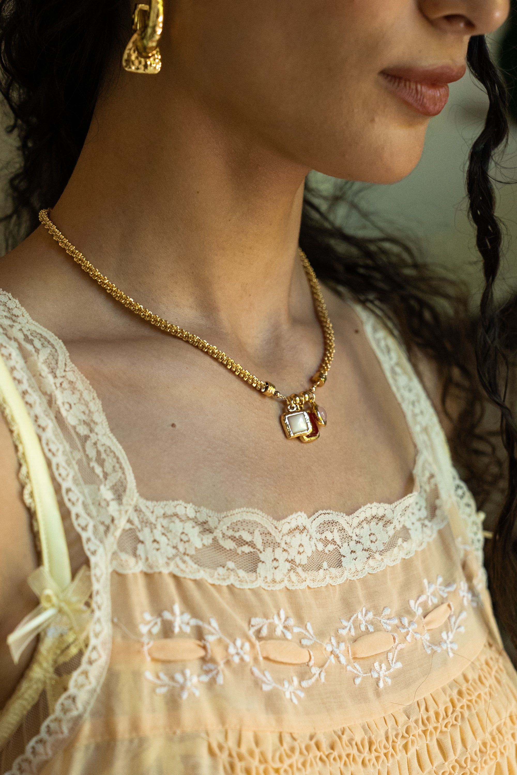 Gold charm necklace featuring Ruby Quartz, Mother of Pearl and Pink Chalcedony, the Aura style — Mountain & Moon Chateau Soleil
