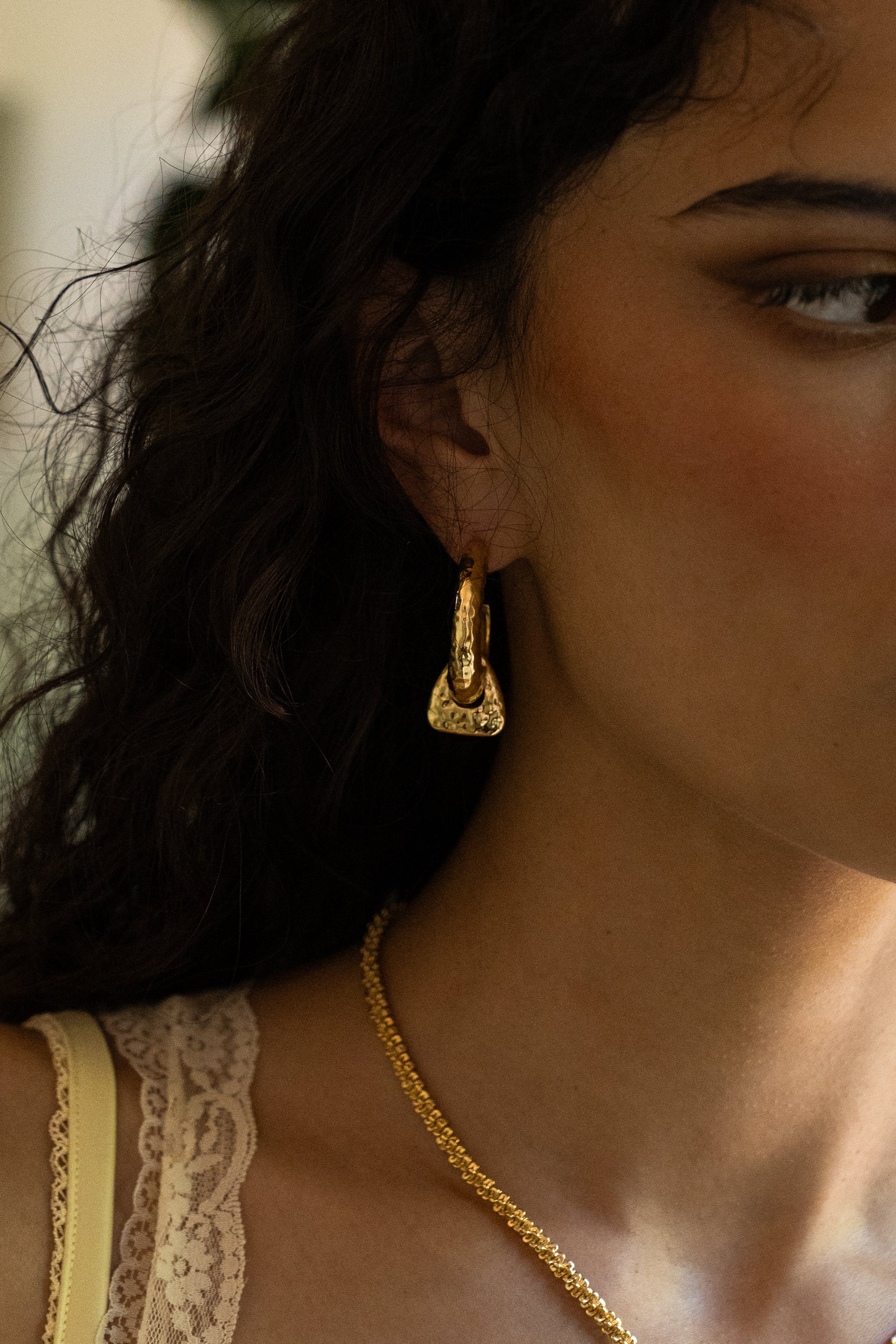 Gold hammered huggie hoop earrings featuring Tigers Eye, the Artemis style — Mountain & Moon Chateau Soleil
