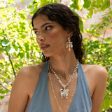 Silver chandelier drop earrings featuring Glass Blue Topaz, the Fleur style — Mountain & Moon Chateau Soleil