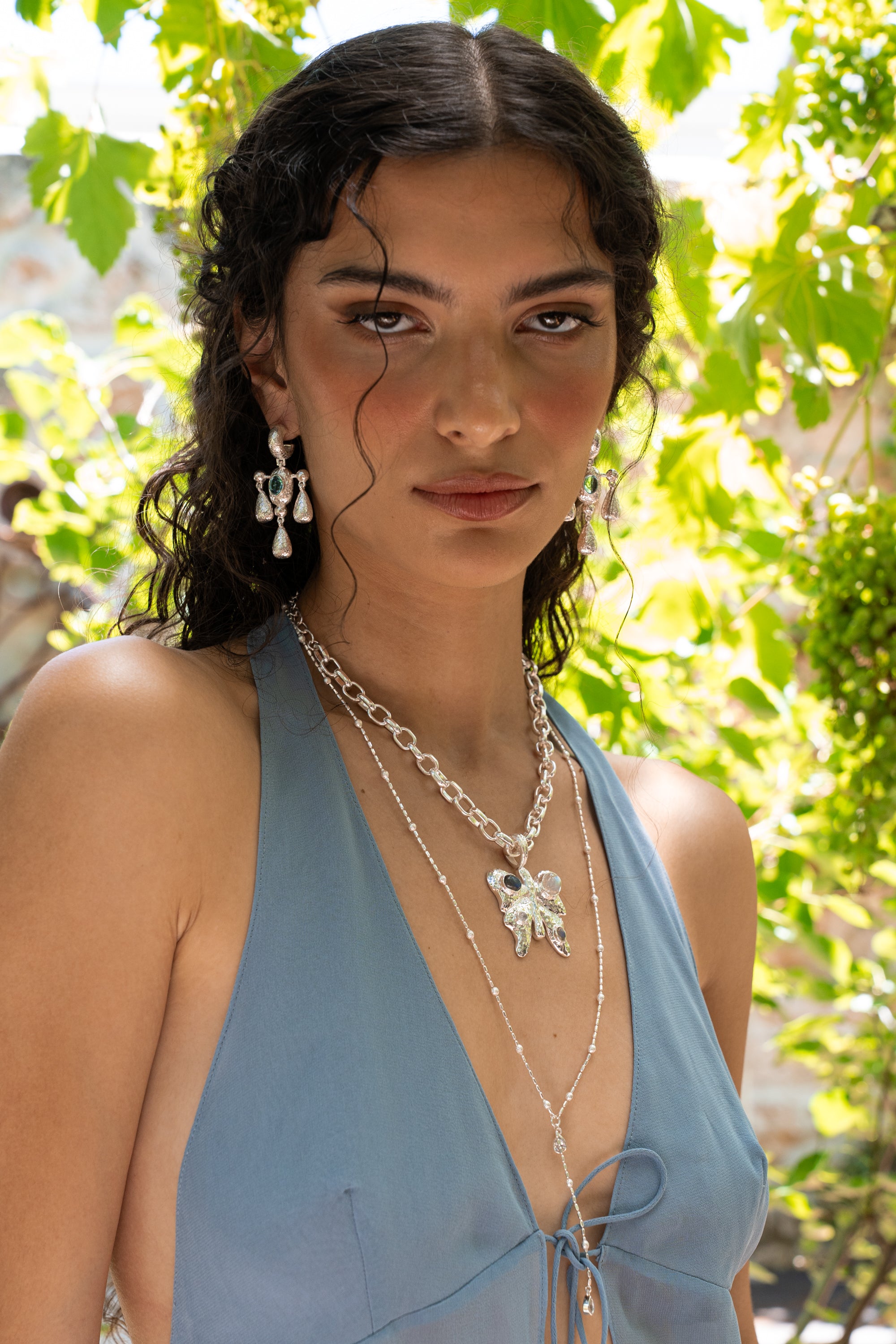 Skye silver layering chain necklace with White CZ worn by model — Mountain & Moon Chateau Soleil collection