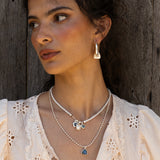 Emery pendant necklace styled on model, Labradorite in silver — Mountain & Moon jewellery