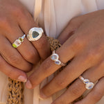 Soraya cabochon cocktail ring styled on model, Blue Topaz in silver — Mountain & Moon jewellery