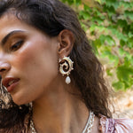Silver swirled hoop earrings featuring Rainbow Moonstone, the Freya style — Mountain & Moon Chateau Soleil