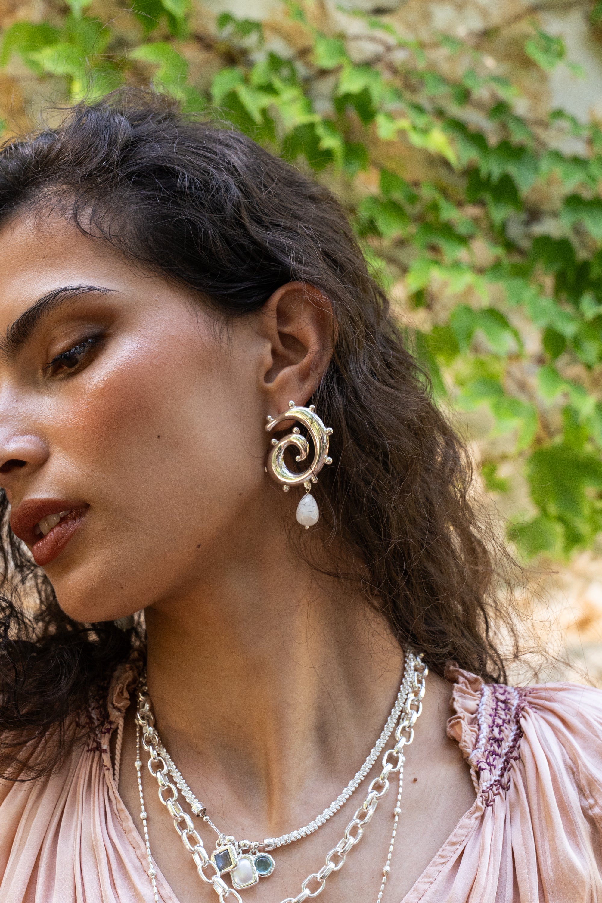 Silver swirled hoop earrings featuring Rainbow Moonstone, the Freya style — Mountain & Moon Chateau Soleil