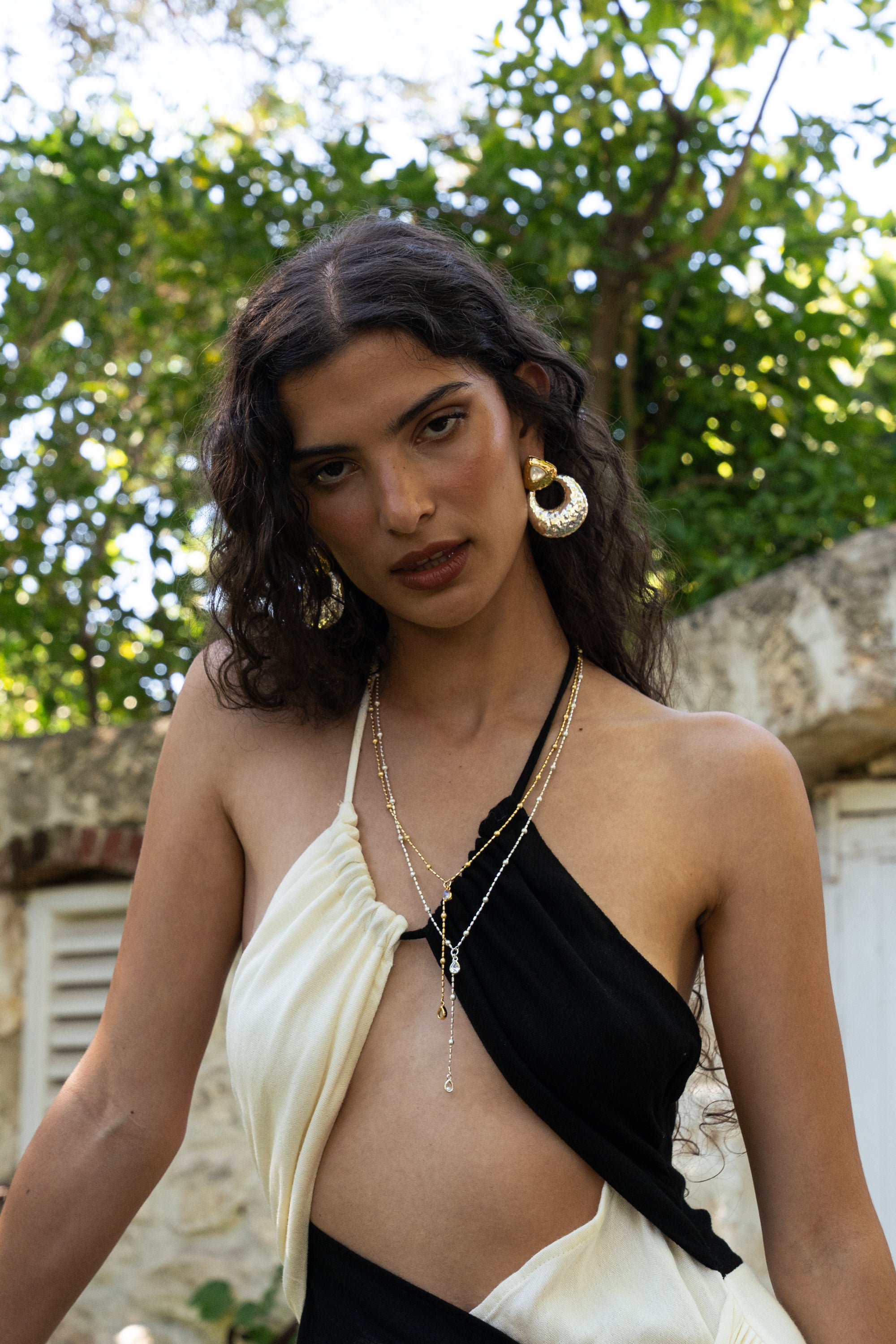 Mixed metal two-tone hoop earrings featuring Mother of Pearl, the Soleil style — Mountain & Moon Chateau Soleil