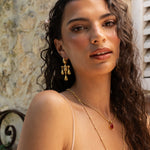 Fleur gold chandelier drop earrings with Crystal Quartz worn by model — Mountain & Moon Chateau Soleil collection