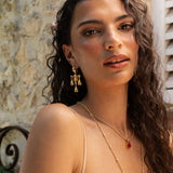Fleur gold chandelier drop earrings with Crystal Quartz worn by model — Mountain & Moon Chateau Soleil collection