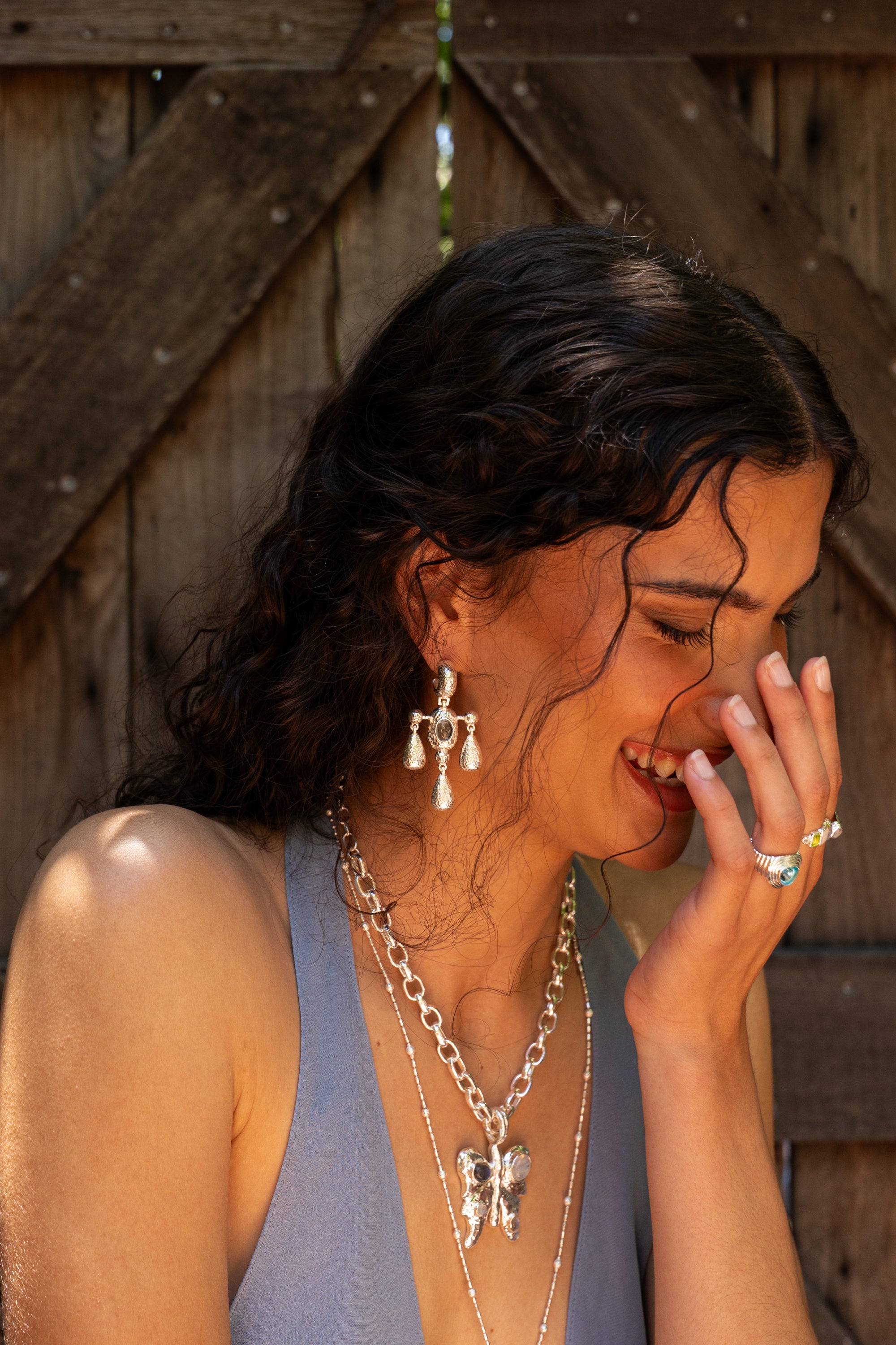 Glass Blue Topaz silver chandelier drop earrings from the Chateau Soleil collection by Mountain & Moon — Fleur