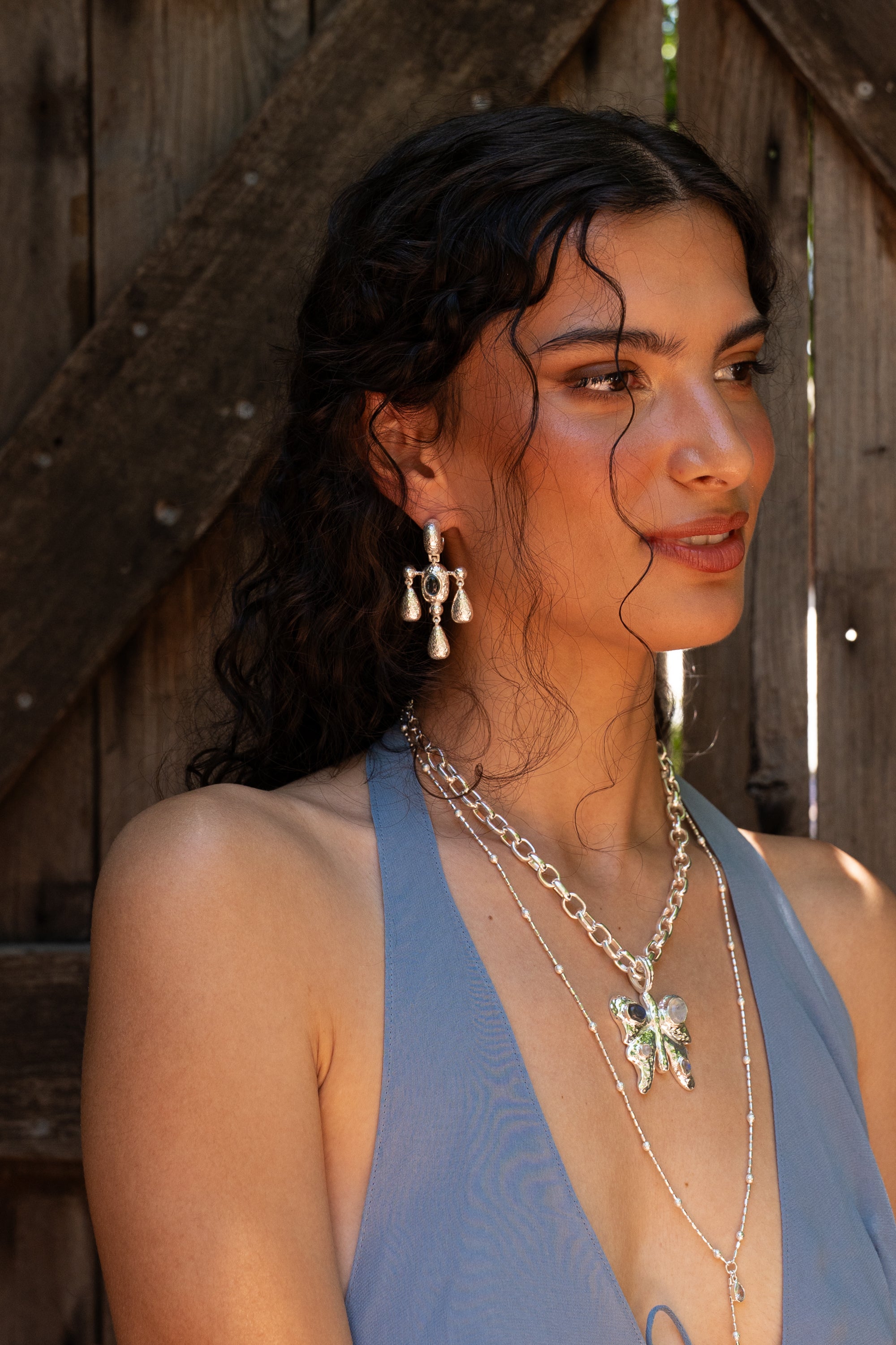 Handmade silver chandelier drop earrings with Glass Blue Topaz detail — Mountain & Moon Chateau Soleil jewellery