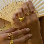 Lumi gold stacking ring with Glass Peridot and natural Peridot worn by model — Mountain & Moon Chateau Soleil collection