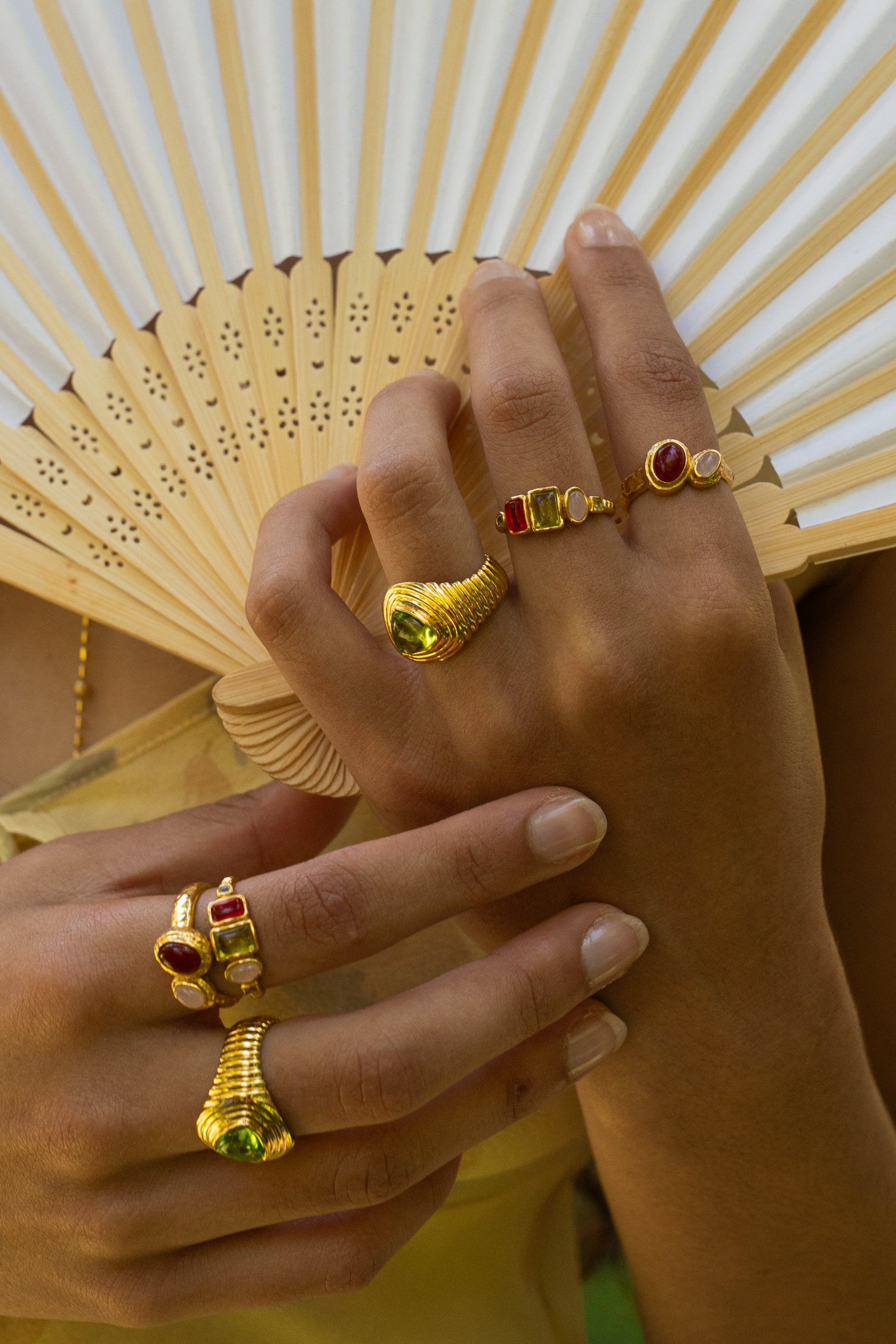 Lumi gold stacking ring with Glass Peridot and natural Peridot worn by model — Mountain & Moon Chateau Soleil collection