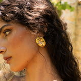Gold hammered oval stud earrings featuring Freshwater Pearl and Glass Blue Topaz, the Darcy style — Mountain & Moon Chateau Soleil