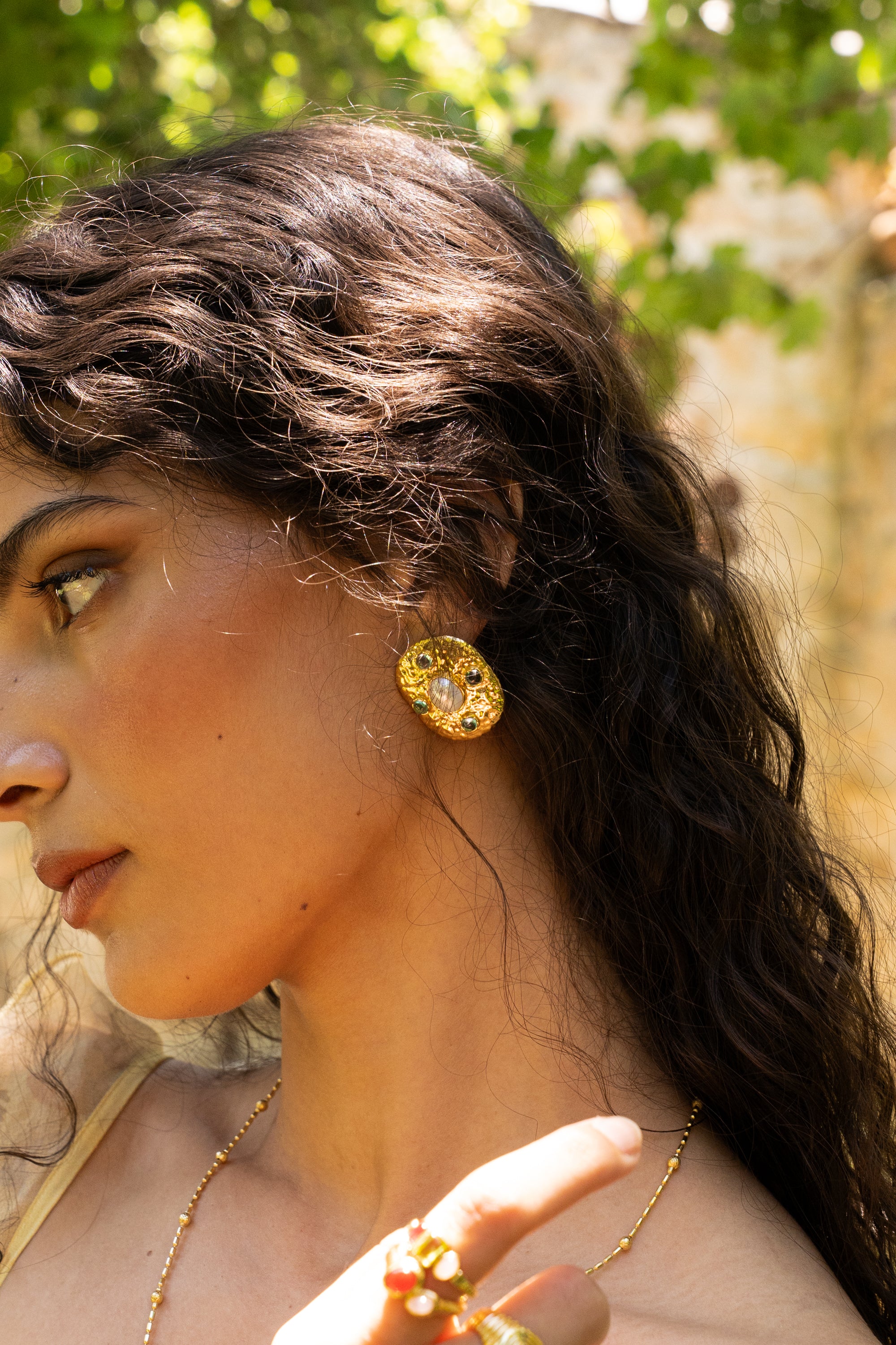 Gold hammered oval stud earrings featuring Freshwater Pearl and Glass Blue Topaz, the Darcy style — Mountain & Moon Chateau Soleil
