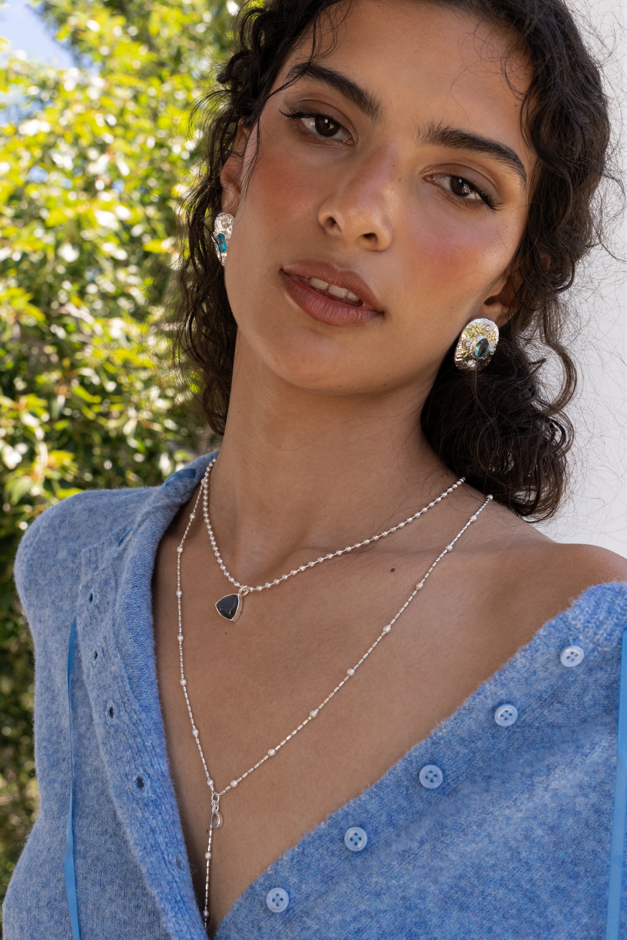 Handmade silver hammered oval stud earrings with Glass Blue Topaz and Freshwater Pearl detail — Mountain & Moon Chateau Soleil jewellery