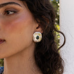 Darcy silver hammered oval stud earrings with Glass Blue Topaz and Freshwater Pearl worn by model — Mountain & Moon Chateau Soleil collection