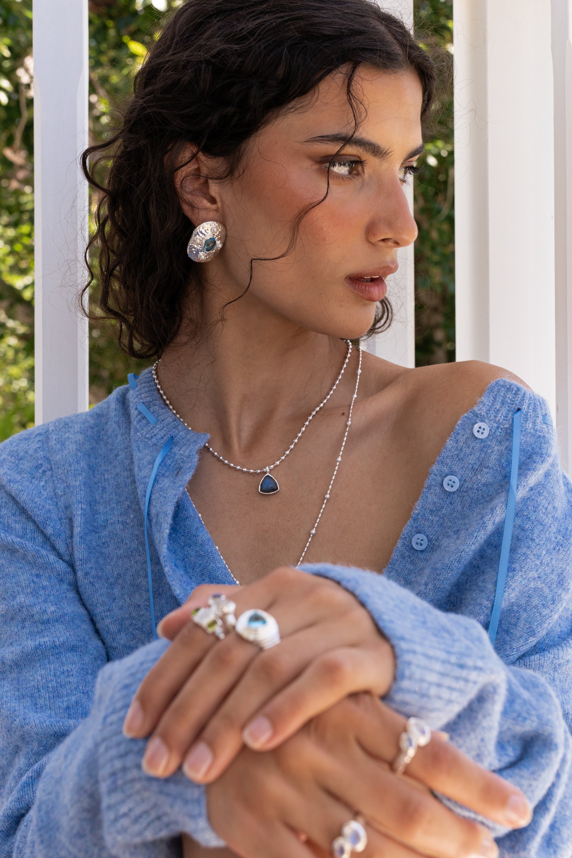 Glass Blue Topaz and Freshwater Pearl silver hammered oval stud earrings from the Chateau Soleil collection by Mountain & Moon — Darcy