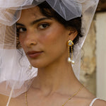 Rainbow Moonstone and Glass Pearl gold long dangle earrings from the Chateau Soleil collection by Mountain & Moon — Liberty