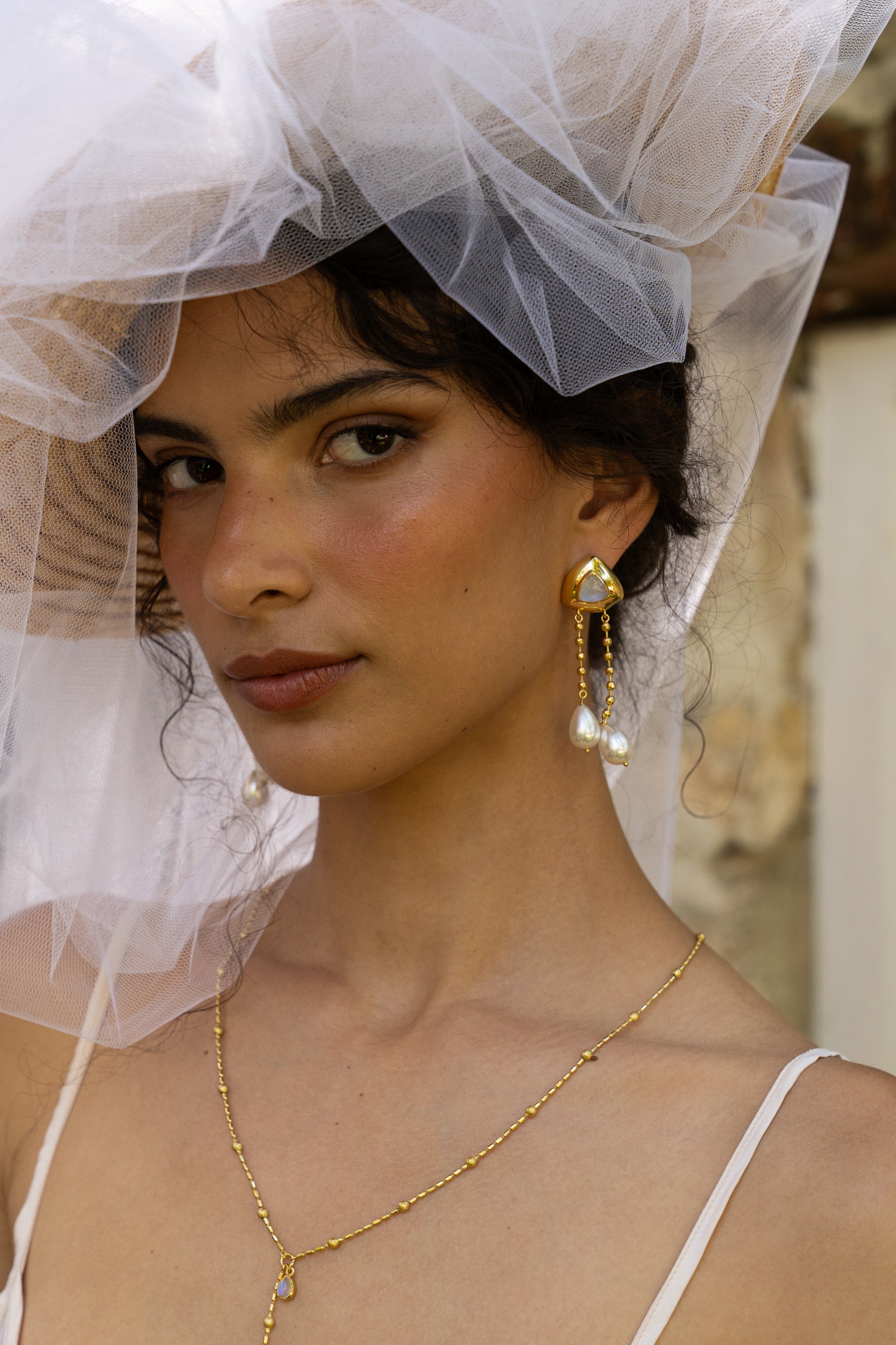 Rainbow Moonstone and Glass Pearl gold long dangle earrings from the Chateau Soleil collection by Mountain & Moon — Liberty