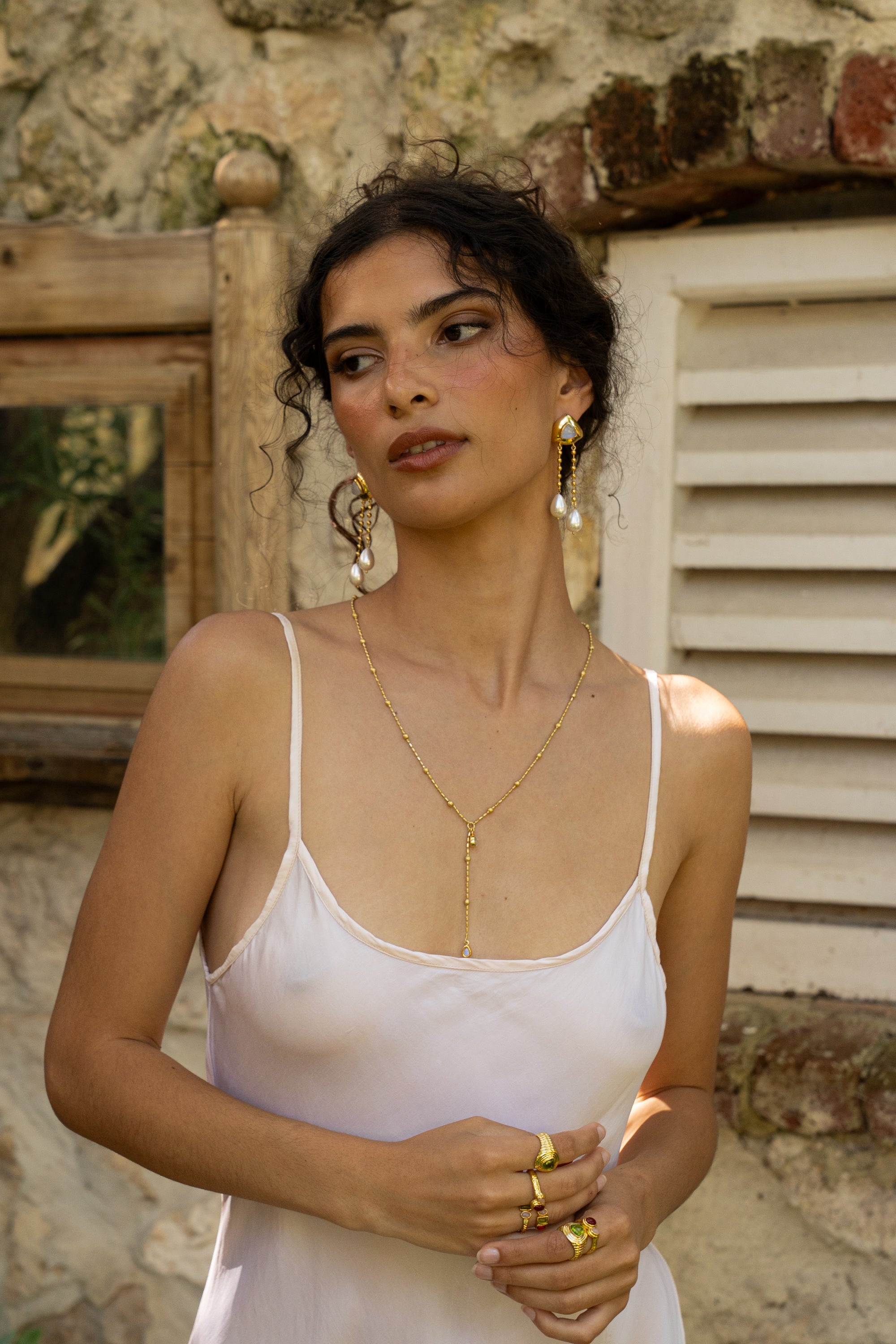Gold long dangle earrings featuring Rainbow Moonstone and Glass Pearl, the Liberty style — Mountain & Moon Chateau Soleil