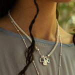 Silver charm necklace featuring Glass Sky Blue Topaz, Labradorite and Freshwater Pearl, the Aura style — Mountain & Moon Chateau Soleil