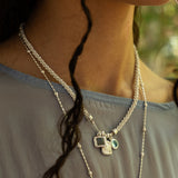 Silver charm necklace featuring Glass Sky Blue Topaz, Labradorite and Freshwater Pearl, the Aura style — Mountain & Moon Chateau Soleil