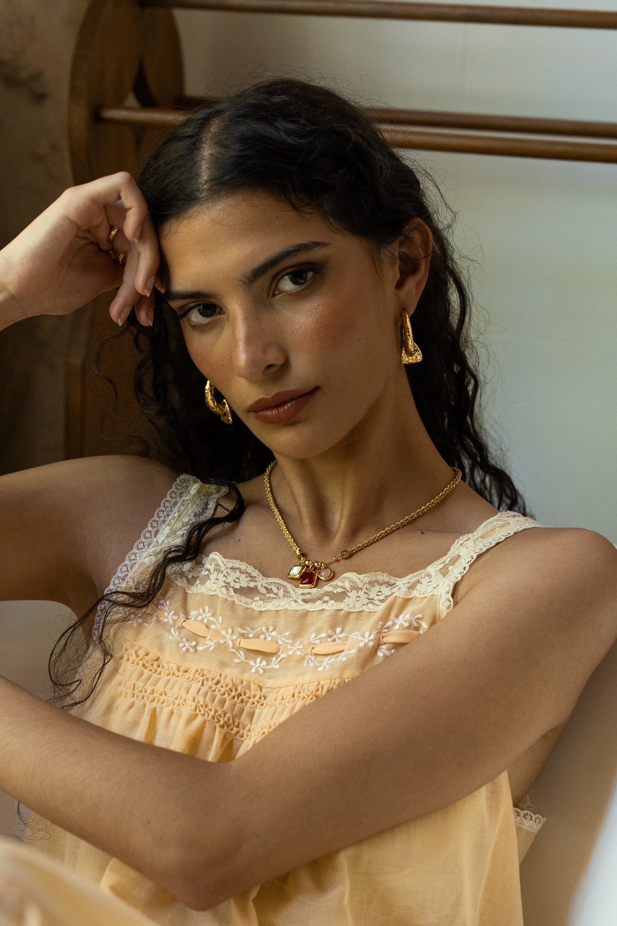 Tigers Eye gold hammered huggie hoop earrings from the Chateau Soleil collection by Mountain & Moon — Artemis