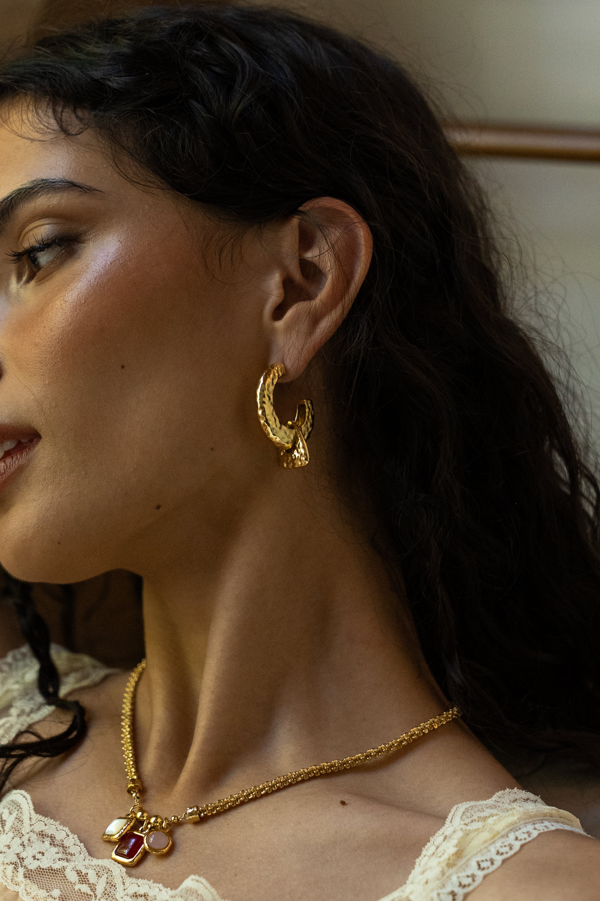 Handmade gold charm necklace with Ruby Quartz, Mother of Pearl and Pink Chalcedony detail — Mountain & Moon Chateau Soleil jewellery