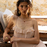 Handmade gold chandelier drop earrings with Crystal Quartz detail — Mountain & Moon Chateau Soleil jewellery