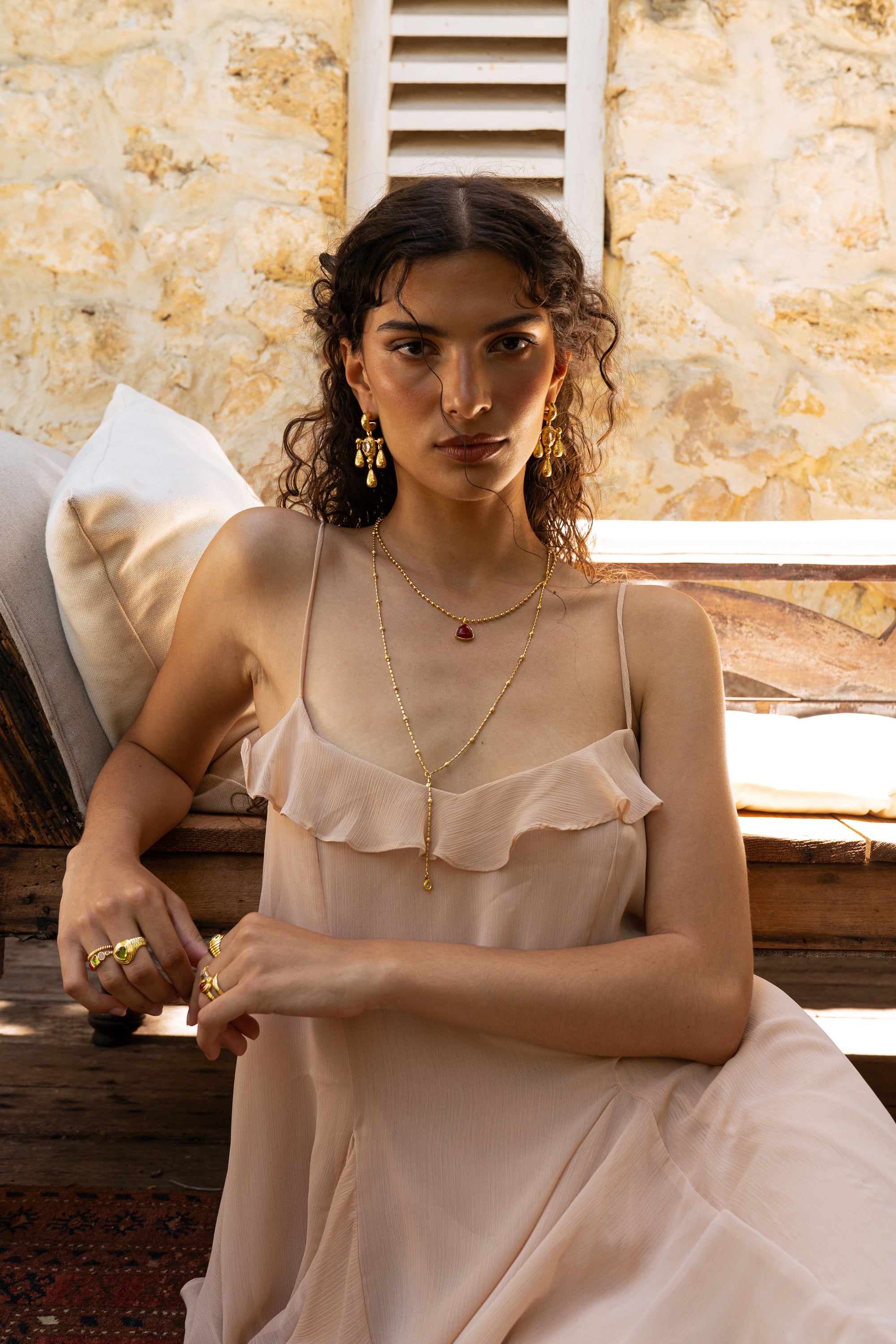 Handmade gold chandelier drop earrings with Crystal Quartz detail — Mountain & Moon Chateau Soleil jewellery