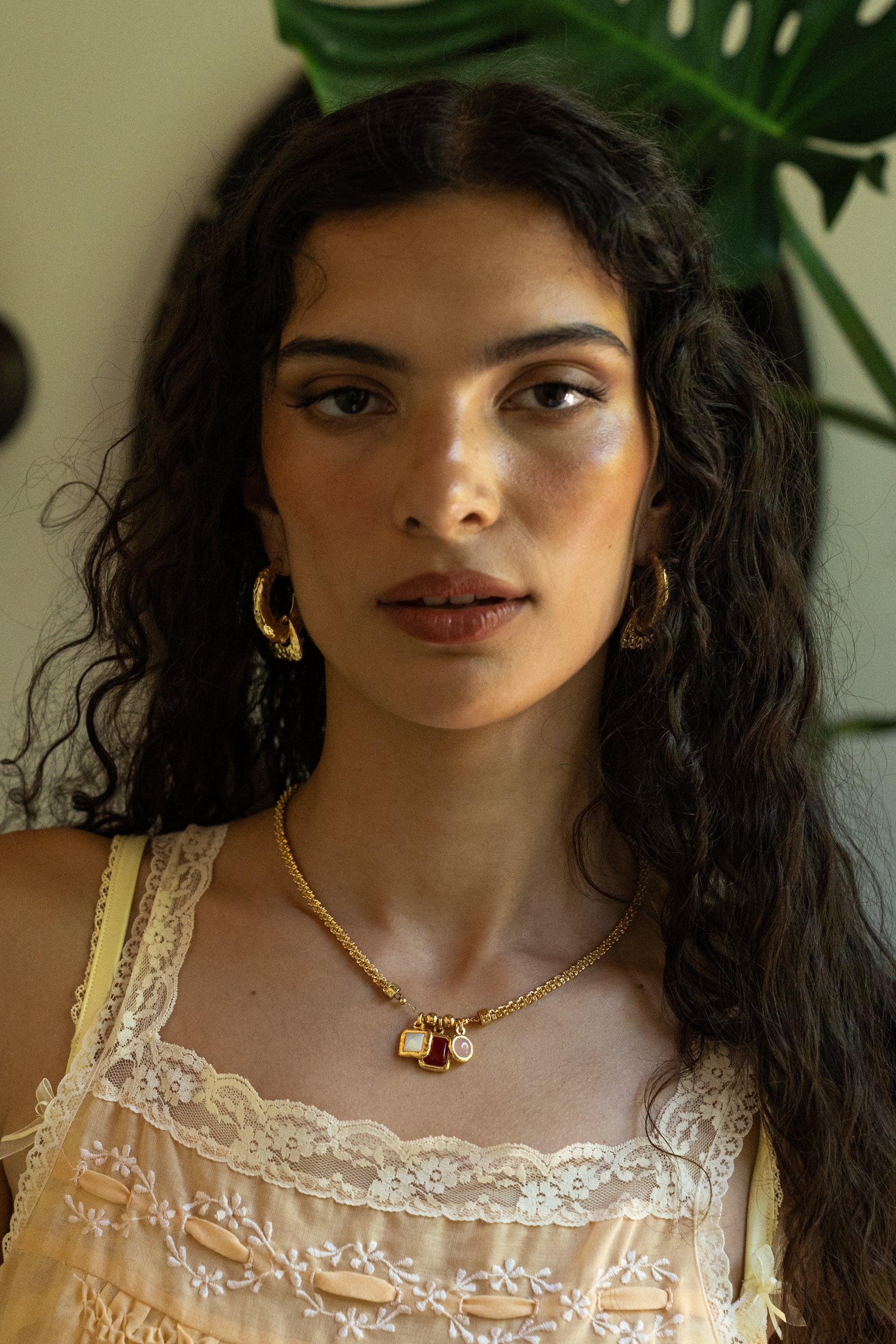 Ruby Quartz, Mother of Pearl and Pink Chalcedony gold charm necklace from the Chateau Soleil collection by Mountain & Moon — Aura