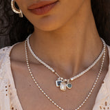 Emery silver pendant necklace with Labradorite worn by model — Mountain & Moon Chateau Soleil collection