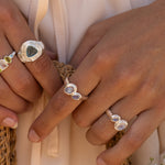 Handmade silver cocktail ring with Rainbow Moonstone and Labradorite detail — Mountain & Moon Chateau Soleil jewellery
